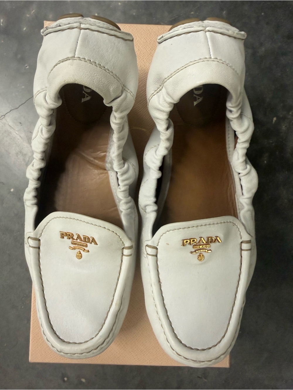 Prada White Leather Elastic-Back Loafers with Gold Logo